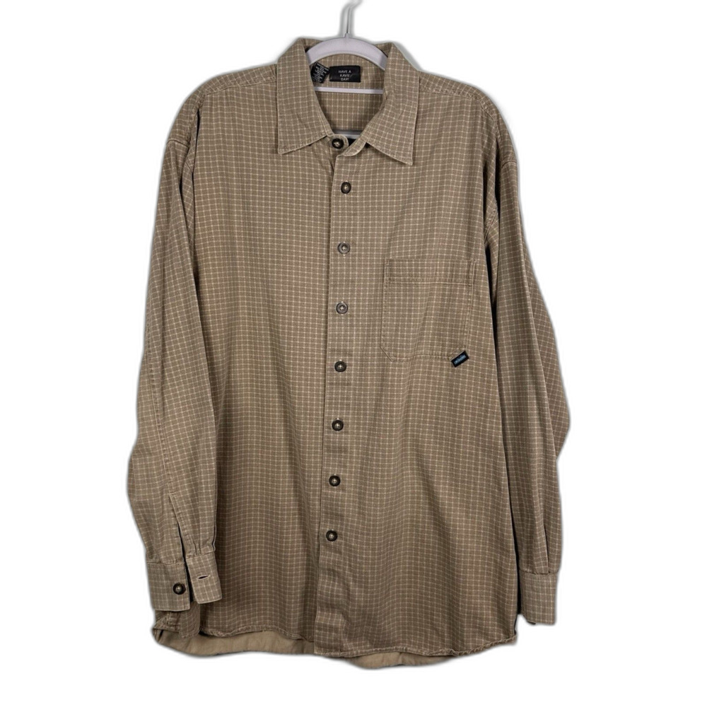 Kava Men’s Plaid Check Button front Shirt Size Large Brown Long Sleeve
